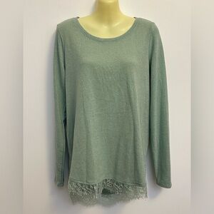 LC Lauren Conrad Sage Green Long Sleeve Crewneck Eyelash Lace Hem Sweater